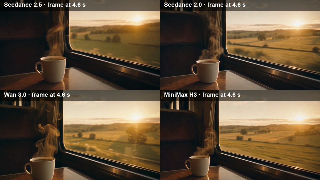 The same moment, 4.6 seconds in, from Seedance 2.5, Seedance 2.0, Wan 3.0 and MiniMax H3